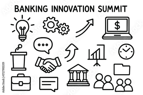 Banking Innovation Icons. Hand-drawn doodle illustration Banking innovation summit lightbulb, gears, laptop, chart, arrow, podium, microphone, handshake, bank
