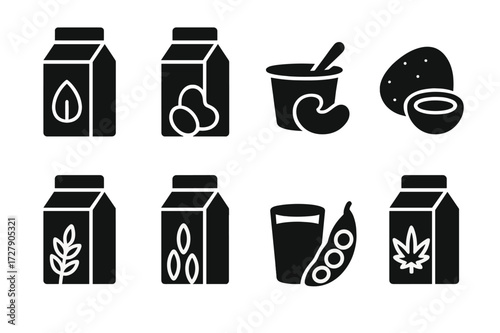 Vegetarian Protein Icons. Solid, filled icon set of vegetarian protein dairy alternatives: almond milk, soy milk, coconut yogurt, cashew cheese, oat milk, rice