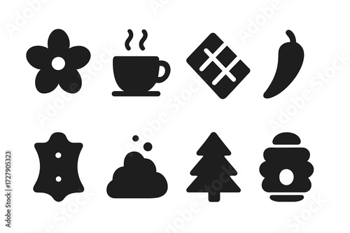Cigar Flavors Icons. Solid, filled icon set of cigar flavors and aromas: vanilla, coffee, chocolate, spice, leather, earth, cedar, honey. Solid, filled icons