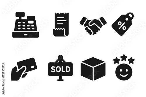 Sales Icons Grid. Solid, filled icon set of sales closing: cash register, receipt print, handshake, discount tag, credit card payment, sold sign, product box,