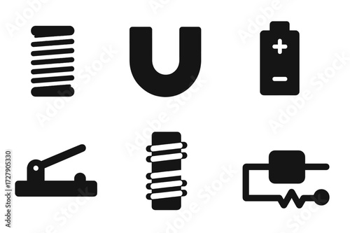 Magnet Component Icons. Solid, filled icon set of magnet components: coil winding, iron core, magnetic wire, battery, switch, solenoid, magnetic plate,