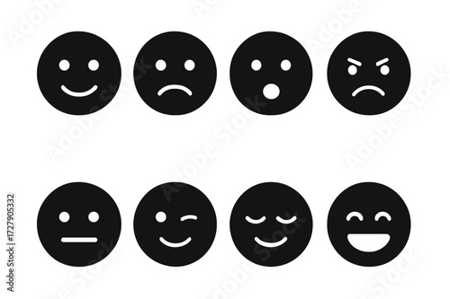 Expressions Icon Set. Solid, filled icon set of naked human expressions: smiling face, sad face, surprised face, angry face, neutral face, winking eye, closed