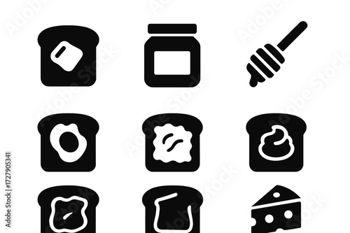 Toast Toppings Icons. Solid, filled icon set of toast toppings: butter, jam jar, honey dipper, avocado spread, cream cheese, peanut butter, chocolate spread,