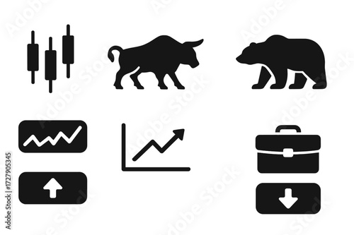 Stock Trading Icons. Solid, filled icon set of stock trading: candlestick chart, bull icon, bear icon, stock ticker, trendline graph, portfolio briefcase, buy