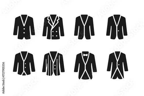 Business Suit Icons. Solid, filled icon set of business suit styles: single-breasted, double-breasted, slim fit, classic fit, three-piece, pinstripe, tuxedo,
