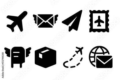 Air Mail Icons Grid. Solid, filled icon set of air mail: airplane, envelope with wings, paper plane, postal stamp, mailbox with wings, parcel box, flight path,