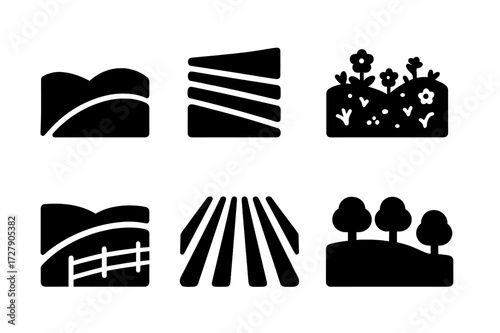 Field Landscape Icons. Solid, filled icon set of field landscapes: rolling hills, terraced fields, flooded rice fields, wildflower meadow, fenced pasture,