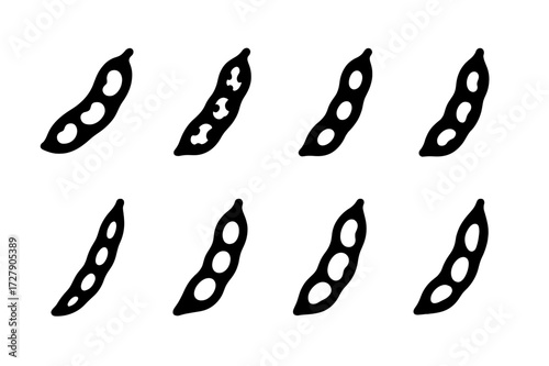 Bean Pod Icons. Solid, filled icon set of bean pod types: kidney bean pod, pinto bean pod, navy bean pod, black bean pod, mung bean pod, soy bean pod, fava