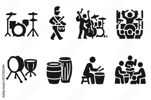 Iconic Drum Collection. Solid, filled icon set of drum kit history and culture: vintage drum set, marching band, jazz band, rock concert, orchestral