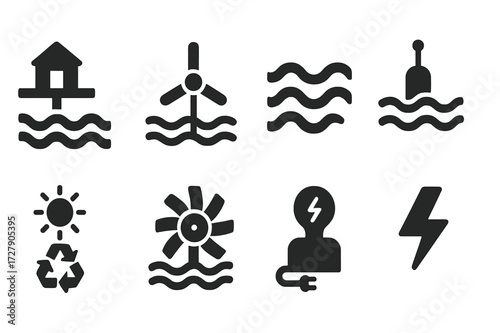 Wave Energy Icons. Solid, filled icon set of wave energy: wave power plant, tidal turbine, ocean current, wave generator, renewable energy, water turbine,