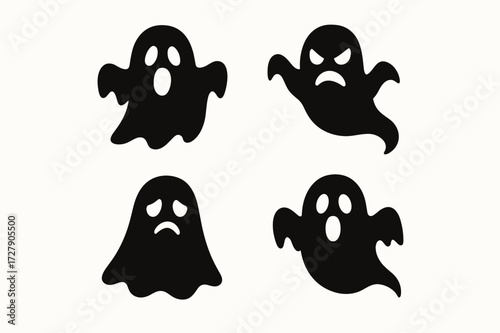 Spooky Ghost Icons. Solid, filled icon set of ghost characters: spooky ghost, haunted