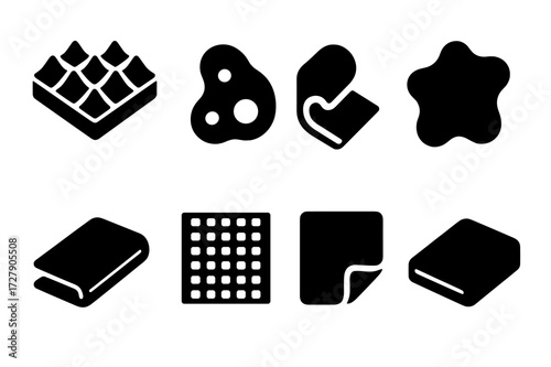 Soundproofing Icon Set. Solid, filled icon set of sound dampening materials: foam, gel, rubber, felt, silicone, mesh, fabric, plastic. Solid, filled icons in