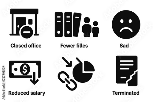 Company Downsizing Icons. Solid, filled icon set of company downsizing: closed office, fewer files, minimized team, sad face, reduced salary, broken link,