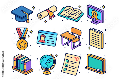 Educational Achievement Icons. Colorful isometric vector icons set of Educational Achievements: graduation cap, diploma scroll, open textbook, online course