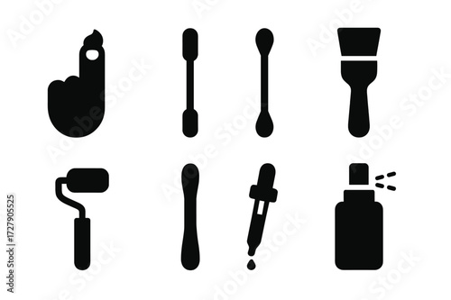 Balm Application Icons. Solid, filled icon set of balm application tools: finger, applicator stick, cotton swab, brush, roller, spatula, dropper, spray. Solid,