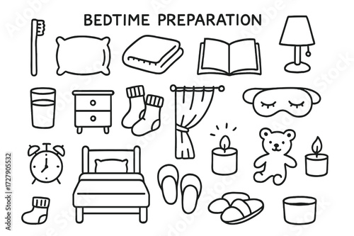 Bedtime Essentials Doodles. Hand-drawn doodle illustration [Bedtime preparation] [toothbrush, pillow, blanket, book, night lamp, glass of water, nightstand,