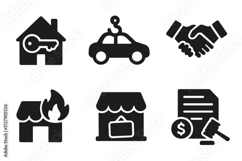 Bankruptcy Icons Set. Solid, filled icon set of bankruptcy consequences: foreclosure, repossession, credit score drop, debt settlement, liquidation, closed