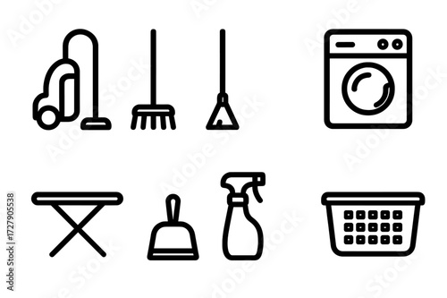 Household Chore Icons. Outline icon set of household chores: vacuum cleaner, mop, broom, washing machine, ironing board, dustpan, spray bottle, laundry basket.