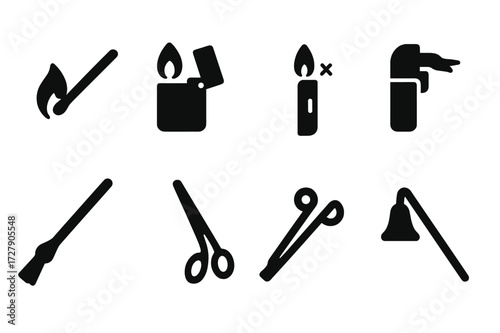 Candle Lighting Icons. Solid, filled icon set of candle lighting methods: matchstick, lighter, taper match, electric lighter, torch lighter, fireplace match,