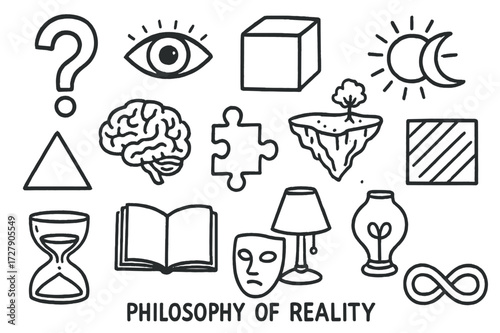 Doodle Philosophy Symbols. Hand-drawn doodle illustration [philosophy of reality] [question mark, eye, cube, spiral, triangle, brain, puzzle piece, floating