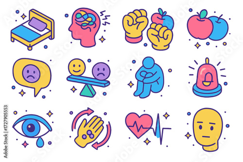 Mental Health Icons. Colorful isometric vector icons set of Mental health warning signs: insomnia icon, racing thoughts, clenched fists, appetite change,
