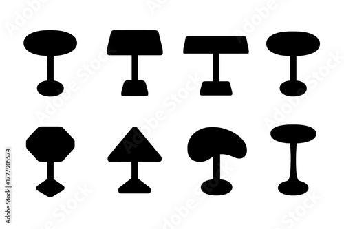 Bar Table Icons. Solid, filled icon set of bar table shapes: round, square, rectangular, oval, hexagonal, triangular, kidney-shaped, pedestal base. Solid,