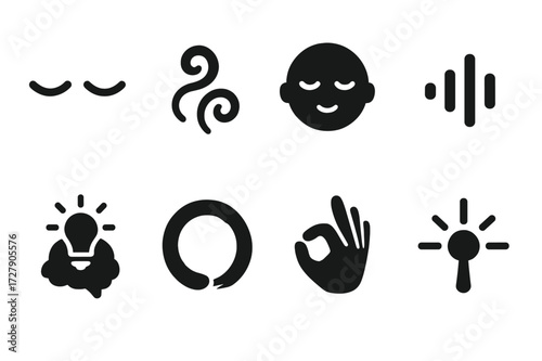 Meditation Icon Set. Solid, filled icon set of meditation and focus: closed eyes, breath swirl, calm face, sound waves, brain with light, zen circle, peaceful