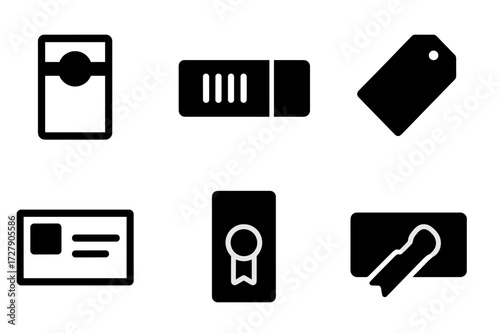 Security Banderol Icons. Solid, filled icon set of security banderol: sealed label, barcode band, adhesive strip, shipping tag, parcel sticker, product