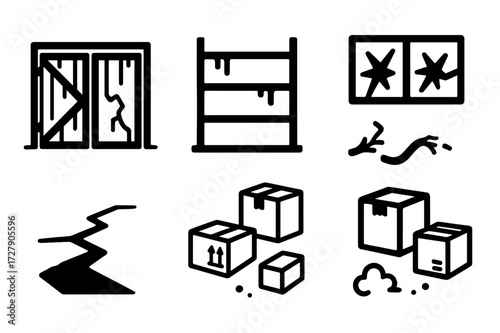Neglected Warehouse Icons. Solid, filled icon set of neglected warehouse: broken doors, empty shelves, cracked floor, smashed windows, rust stains, exposed