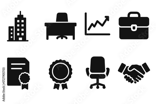 Corporate Symbol Icons. Solid, filled icon set of corporate power: skyscraper, executive desk, stock chart, briefcase, contract paper, corporate