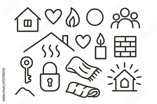 Hearth and Home Icons. Hand-drawn doodle illustration [Hearth and home symbolism] [home icon, heart, fire flame, circle, family icon, warmth wave, roof shape,