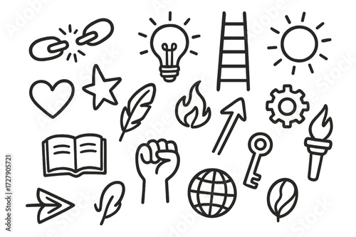 Personal Growth Icons. Hand-drawn doodle illustration Personal growth broken chain links, light bulb, ladder, sun, heart, star, feather, book, arrow, gear,