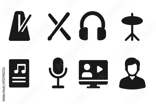 Hi-Hat Practice Icons. Solid, filled icon set of hi-hat practice and rehearsal: metronome, drumsticks, headphones, practice pad, music sheet, recording