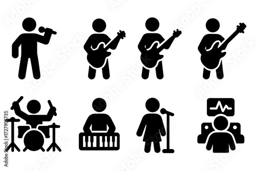 Rock Band Icons. Solid, filled icon set of rock music band members: lead vocalist, lead guitarist, rhythm guitarist, bassist, drummer, keyboardist, backing
