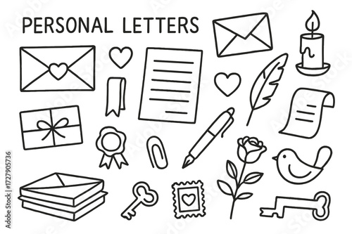 Personal Letters Icons. Hand-drawn doodle illustration [Personal letters] [envelope, paper, pen, heart, wax seal, ribbon, quill, candle, rose, stamp, lovebird,