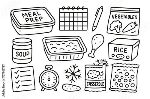 Freezer Meal Prep Icons. Hand-drawn doodle illustration Freezer meal prep [meal container, label sticker, calendar, pen, soup jar, lasagna tray, bag of