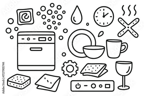 Dishwasher Cleaning Doodles. Hand-drawn doodle illustration Dishwasher cleaning process dishwasher door, detergent pod, bubbles, water droplet, spray arm,