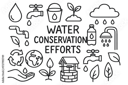 Water Conservation Icons. Hand-drawn doodle illustration Water Conservation Efforts [droplet, faucet, bucket, plant, hand holding water, pipe, recycling