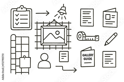 Gallery Wall Essentials. Hand-drawn doodle illustration [Curating art for gallery wall] [clip board, checklist, framed canvas, spotlight, art description card,
