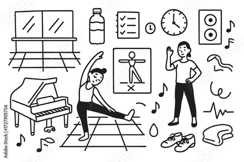 Dance Rehearsal Doodles. Hand-drawn doodle illustration dance rehearsal and training mirror, water bottle, checklist, clock, music speaker, stretching figure,