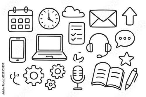 Scheduling Tools Doodle. Hand-drawn doodle illustration scheduling assistant calendar, clock, smartphone, laptop, checklist, pen, book, star, cloud, envelope,
