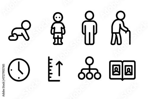 Age Progression Icons. Outline icon set of age progression: baby, child, adult, elder, clock, growth chart, family tree, photo album. Line icons in only black