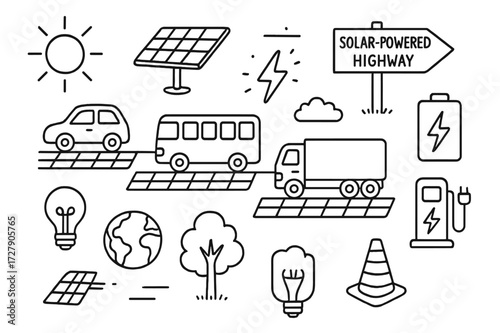Solar Highways Doodle. Hand-drawn doodle illustration Solar-powered highways [road, sun, solar panel, car, bus, truck, energy bolt, battery, charging station,