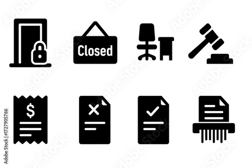 Business Closure Icons. Solid, filled icon set of liquidation business closure: locked door, closed sign, empty office, auction sale, final invoice,