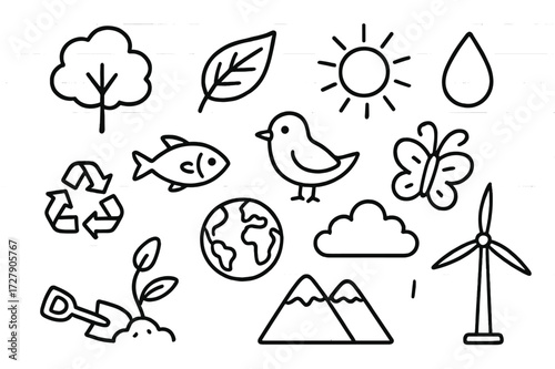 Sustainable Ecosystem Icons. Hand-drawn doodle illustration ecosystem sustainability tree, leaf, sun, water droplet, fish, bird, flower, butterfly, recycling