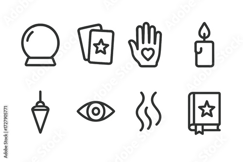 Divination Symbol Icons. Outline icon set of divination symbols: crystal ball, tarot cards, palmistry hand, candle flame, pendulum, eye symbol, smoke waves,