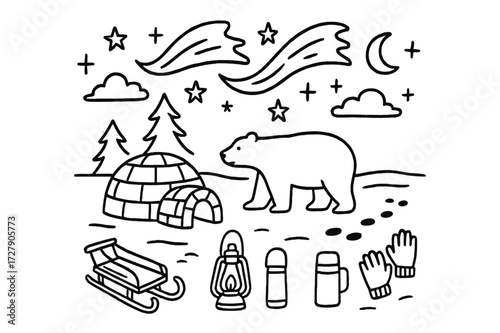 Arctic Doodle Wonderland. Hand-drawn doodle illustration Arctic night sky igloo, polar bear, aurora arcs, stars, moon, snowdrifts, sled, lantern, snowshoes,