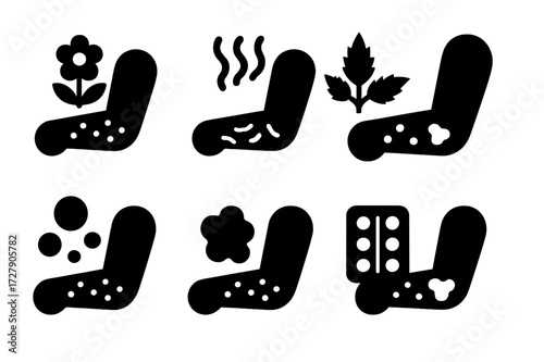 Rash Causes Icons. Solid, filled icon set of rash causes: allergy, heat rash, poison ivy, infection, eczema, insect bite, medication reaction, dermatitis.