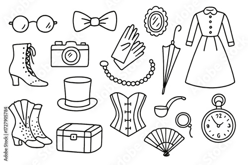 Vintage Fashion Icons. Hand-drawn doodle illustration Vintage Fashion round glasses, bow tie, gloves, vintage dress, brooch, lace boots, pearl necklace, old