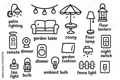 Patio Lighting Icons. Hand-drawn doodle illustration Patio Lighting wall light, overhead string, umbrella lamp, deck light, garden table, couch, cozy lamp,